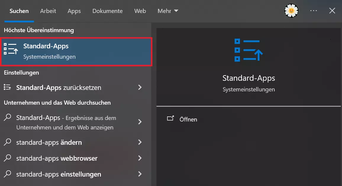 Einstellungen-Menü „Apps“, Unterpunkt „Standard-Apps“