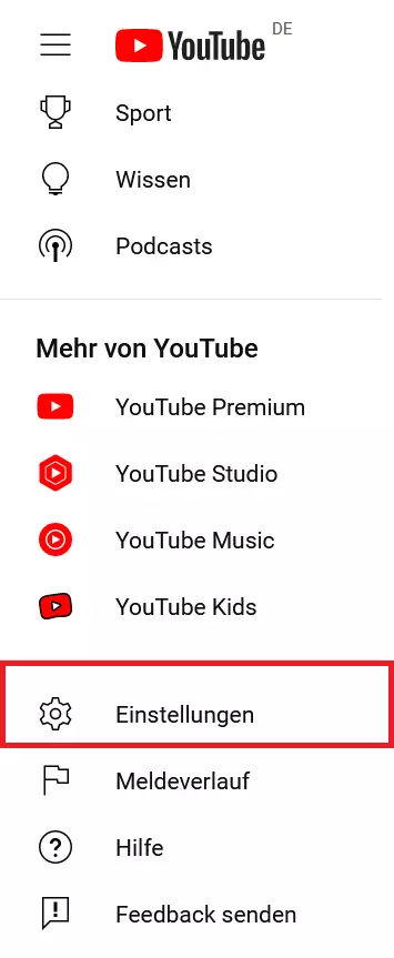 YouTube-Menüpunkt „Einstellungen“