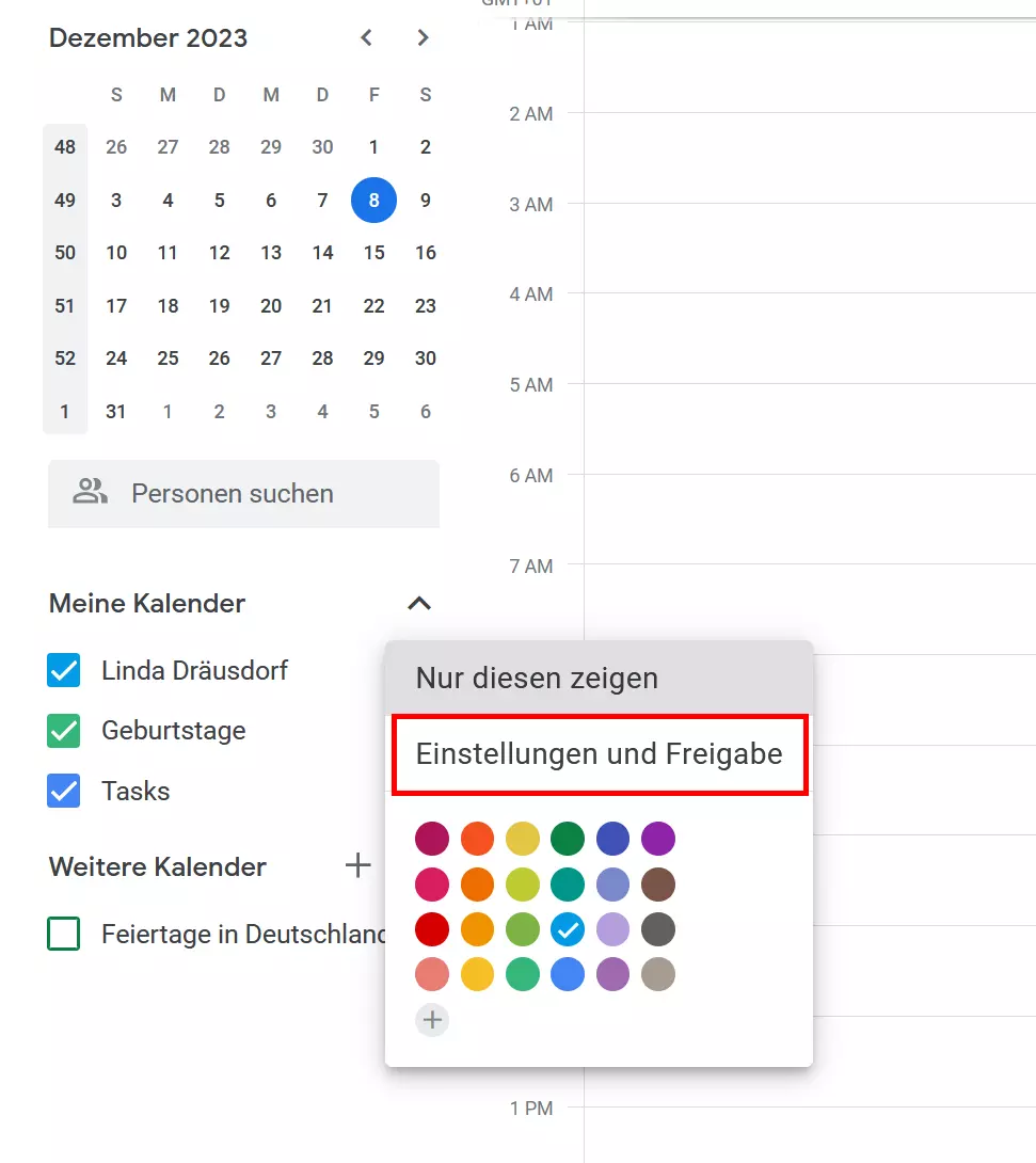 Google-kalender: „Einstellungen und Freigabe“-Menü