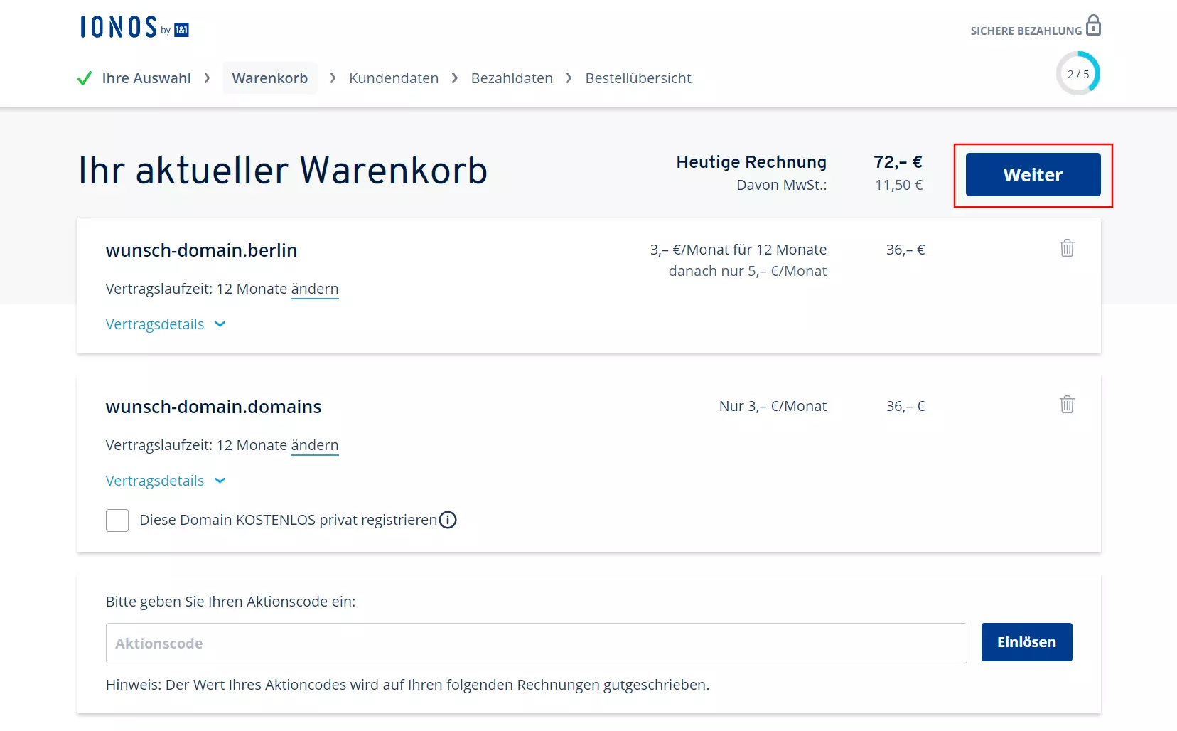 Wie kauft man eine Domain bei IONOS: Warenkorb