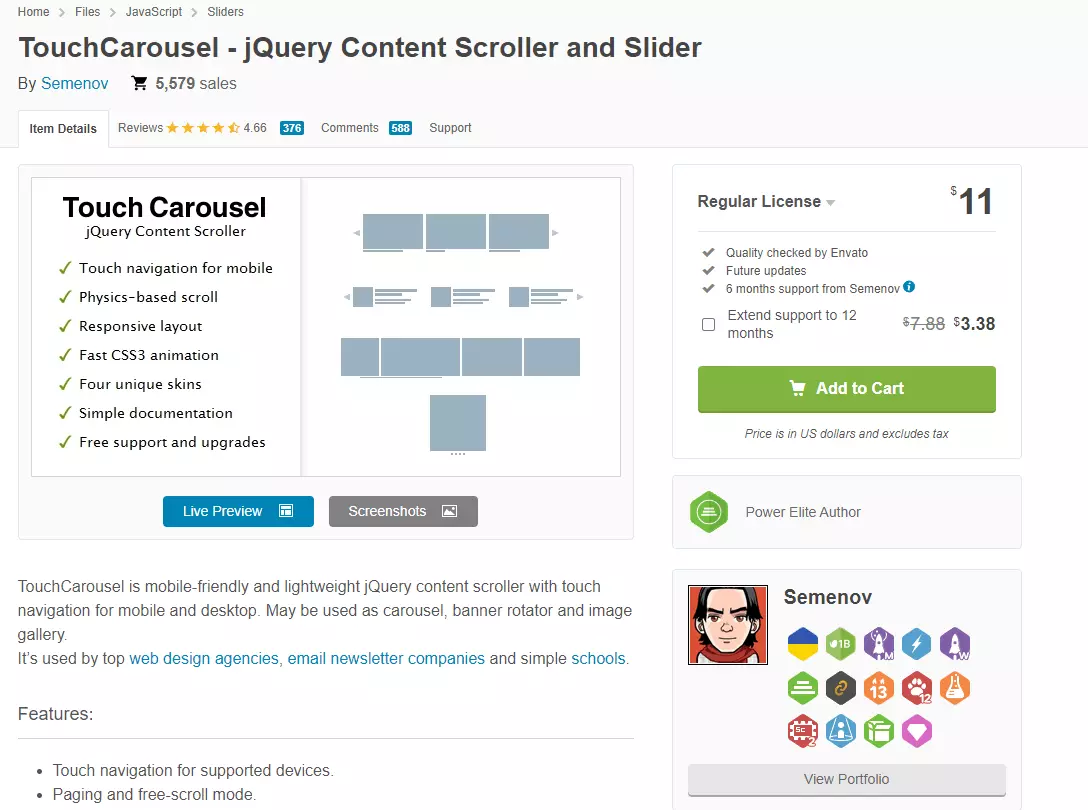 Screenshot vom Plugin TouchCarousel auf codecanyon.net