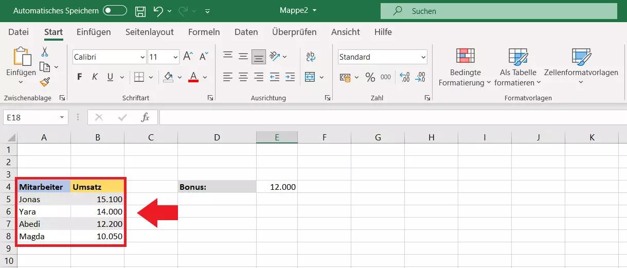 XVERGLEICH-Anwendungsbeispiel 2: Excel-Tabelle mit zu untersuchenden Werten