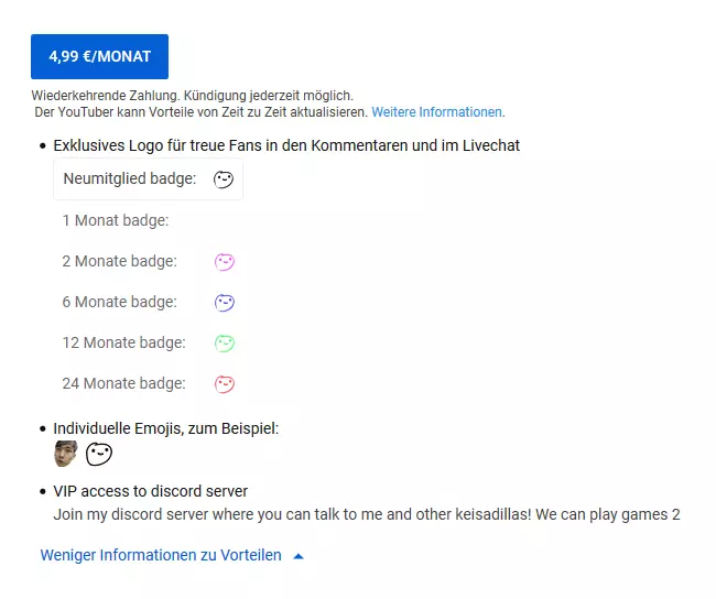 Beispiel für ein Belohnungsschema für YouTube-Sponsoren