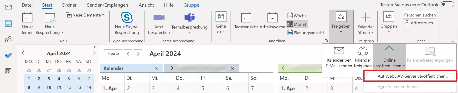 Outlook: Symbolleiste der Kalenderansicht im Register „Start“