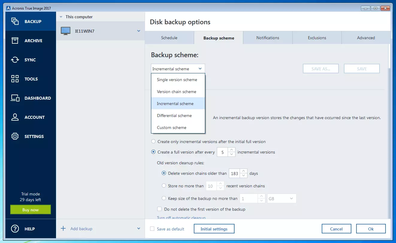 Acronis True Image 2017: Menü zur Auswahl des Backup-Schemas