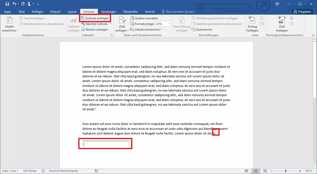 Endnote bei Word 2019 einfügen