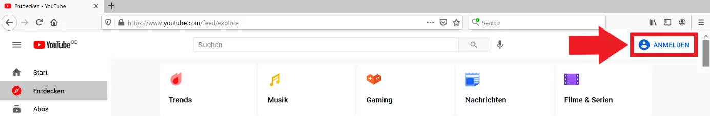YouTube-Startseite: Button zur Anmeldung