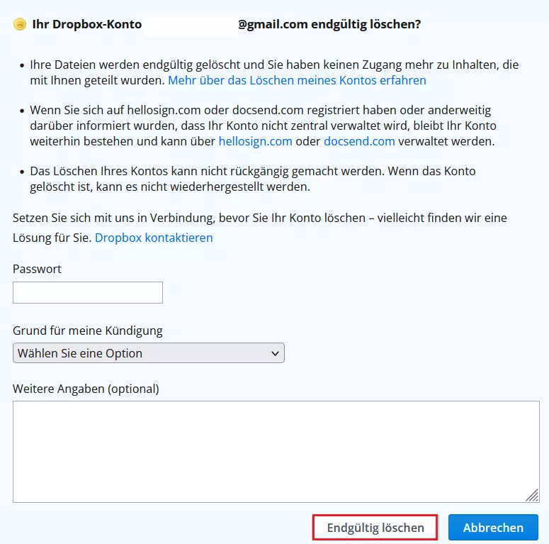 Dialogfenster: Dropbox-Konto endgültig löschen