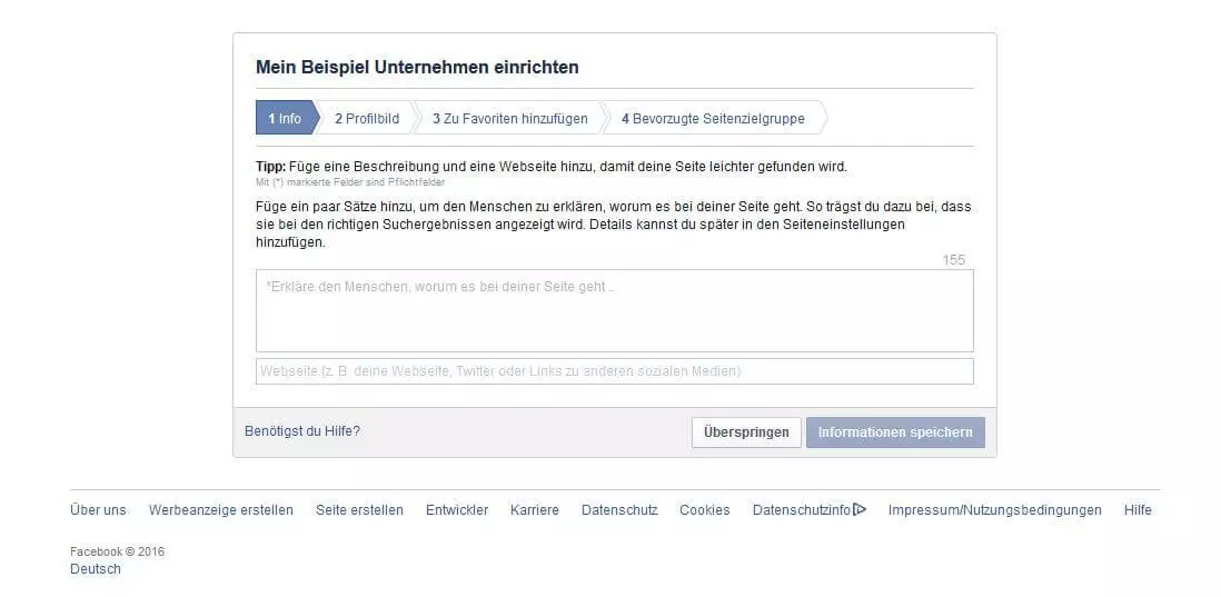 Fanpage einrichten: Eine kurze Beschreibung einfügen