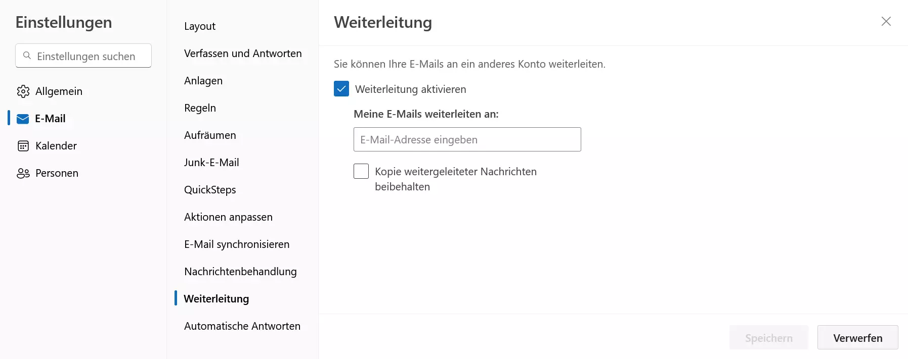 Outlook on the Web: Weiterleitung