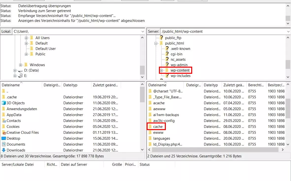 Weg, den per FTP-Zugang den WordPress-Cache zu löschen