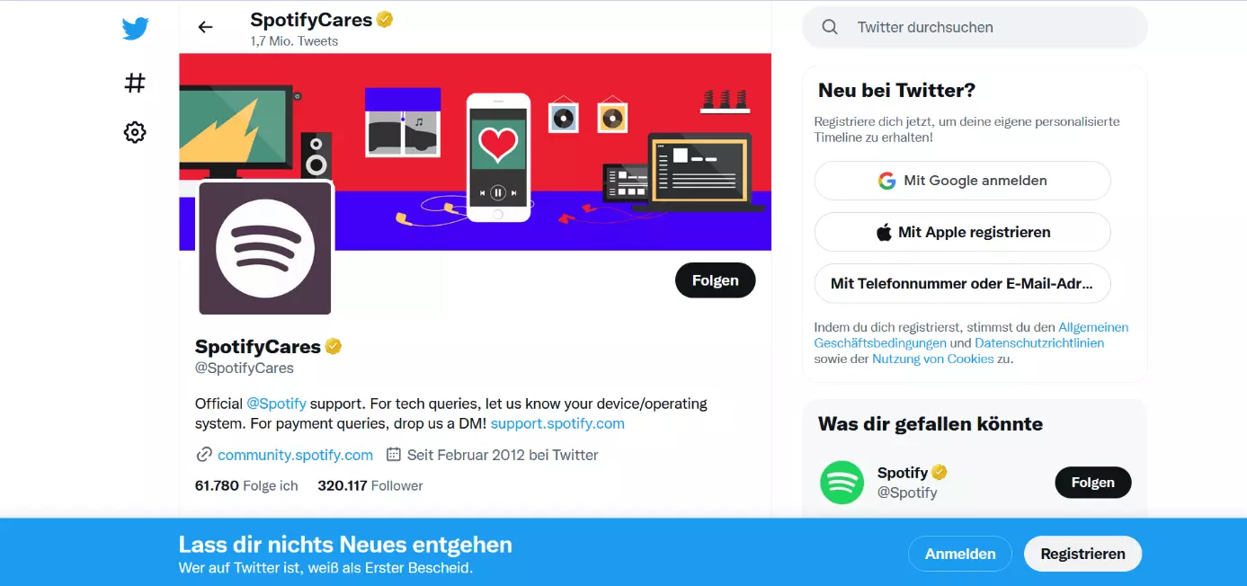 Screenshot der Twitter-Seite von SpotifyCares