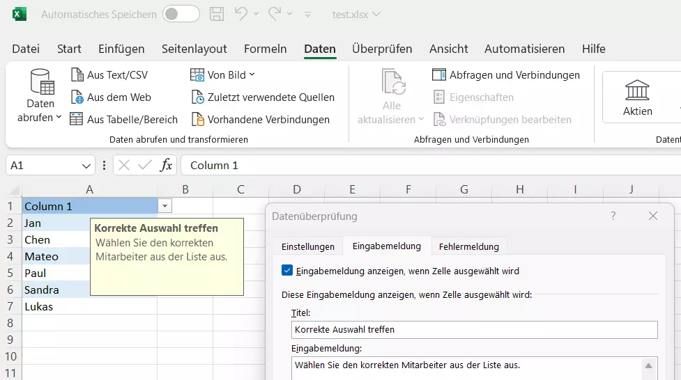 Excel-Dropdown-Menü bearbeiten: Eingabemeldung