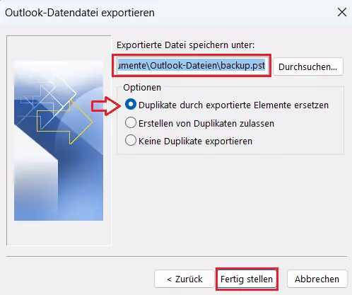 Import/Export-Assistent von Outlook: Wahl des Speicherorts für das Outlook-Backup