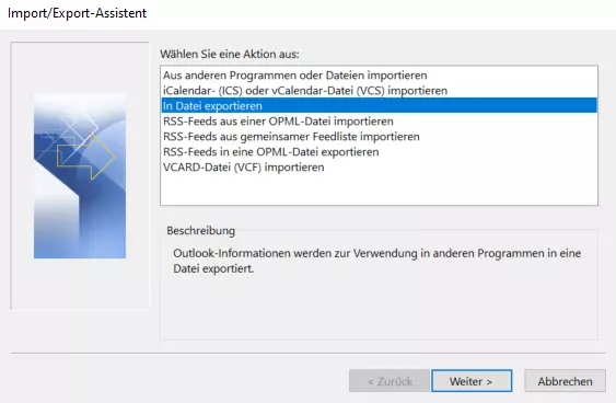 Import/Export-Assistent von Outlook 365