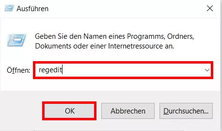 Windows 10: Ausführen-Dialog „regedit“