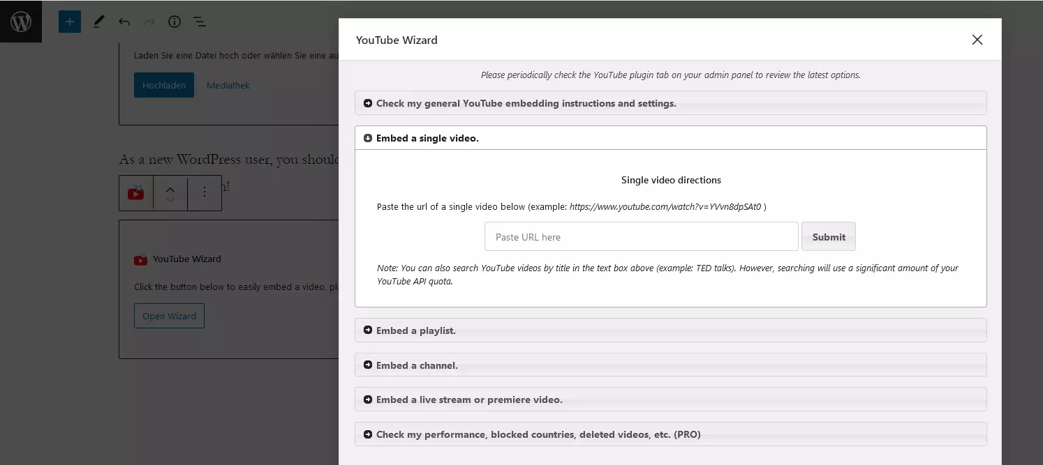 YouTube Wizard im WordPress-Editor