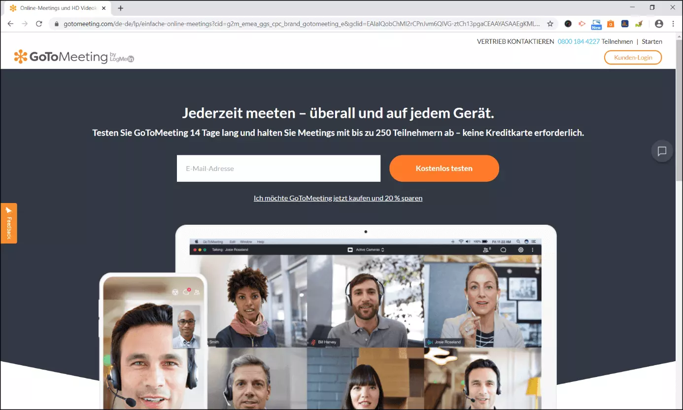 Website des Videotelefonie-Anbieters GoToMeeting