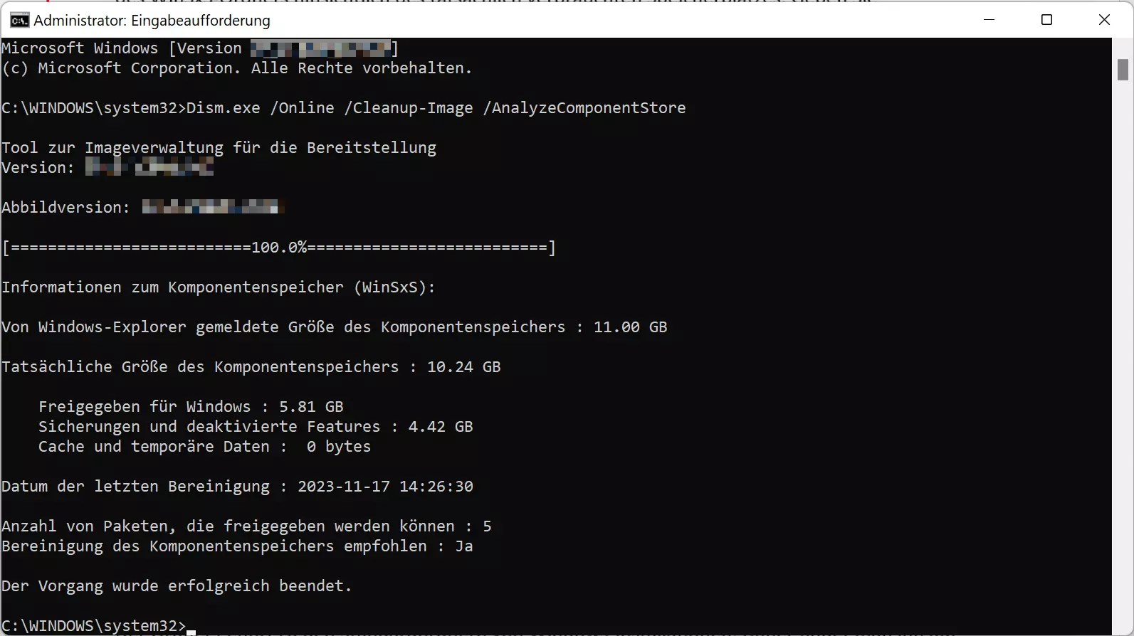 Ergebnis des Befehls „Dism.exe /Online /Cleanup-Image /AnalyzeComponentStore“