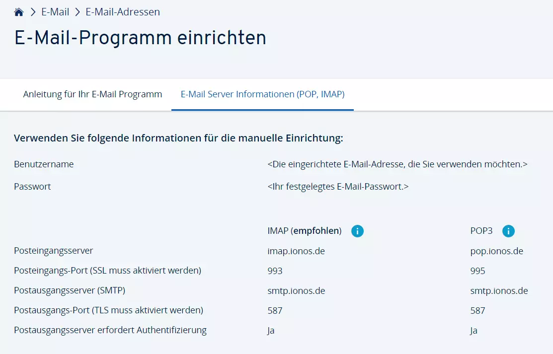 IONOS: E-Mail-Programm einrichten inkl. SMTP-Auth