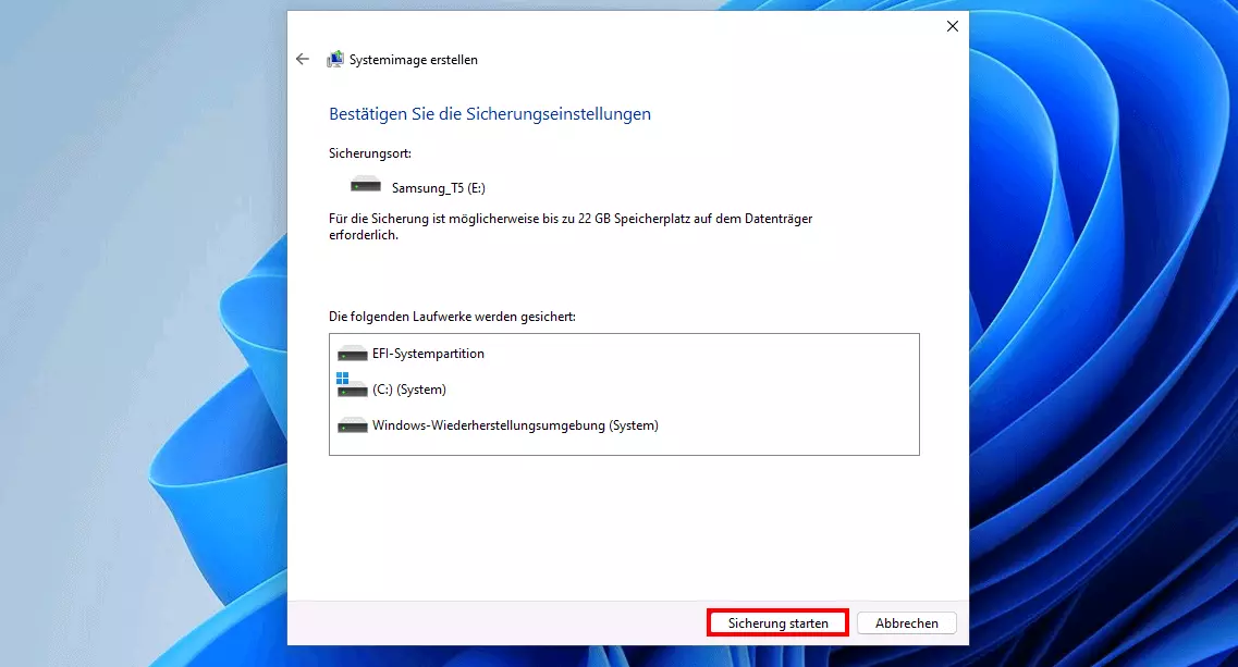 Windows-11-Backup: Bestätigungs-Dialog