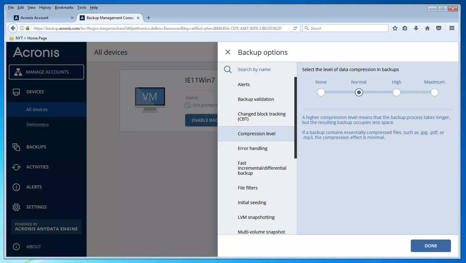 Die Backup-Management-Konsole von Acronis Backup 12.5: Menü zur Auswahl des Kompressionsmodus