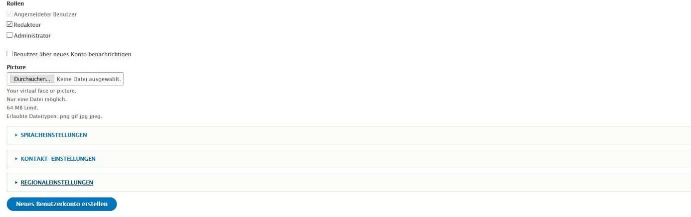 Drupal-Menü zum Anlegen eines neuen Benutzerkontos