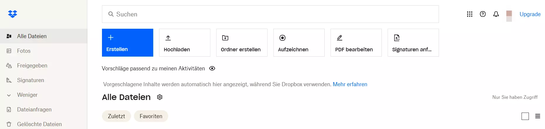 Dropbox: Benutzeroberfläche der Webanwendung