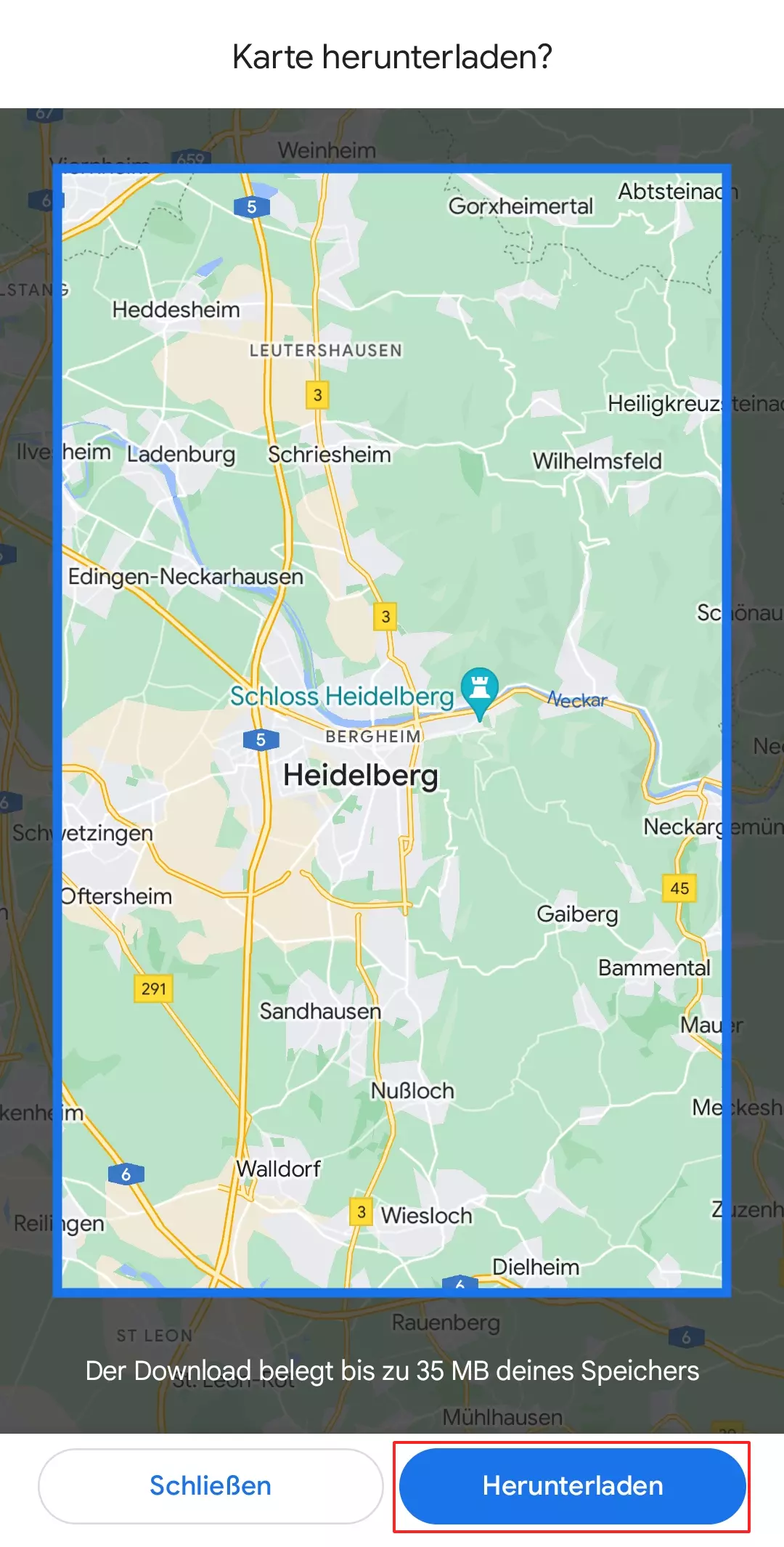 Screenshot Offlinekarten Funktion von Google Maps