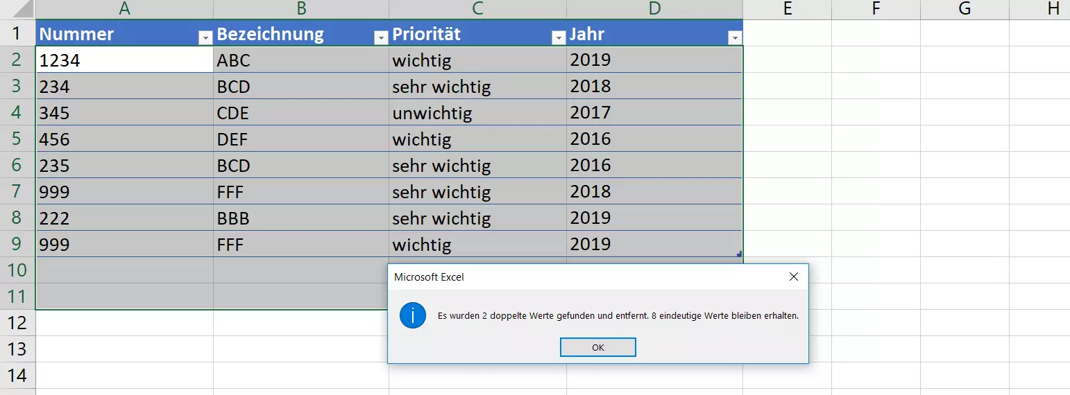 Microsoft Excel 2016: Meldung über entfernte Duplikate