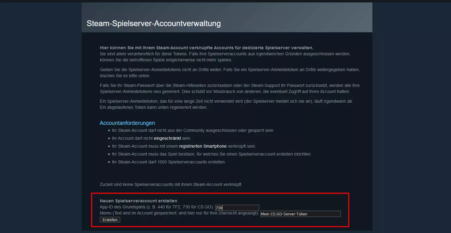 Steam-Spielserver-Accountverwaltung