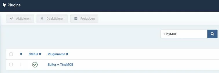 Joomla-Editor „TinyMCE“ in der Plugin-Übersicht