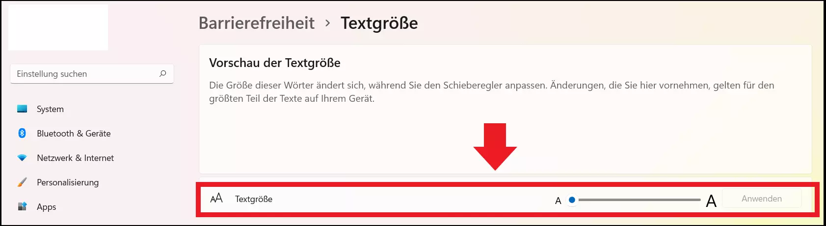 Windows 11: Schieberegler zur Skalierung der Textgröße