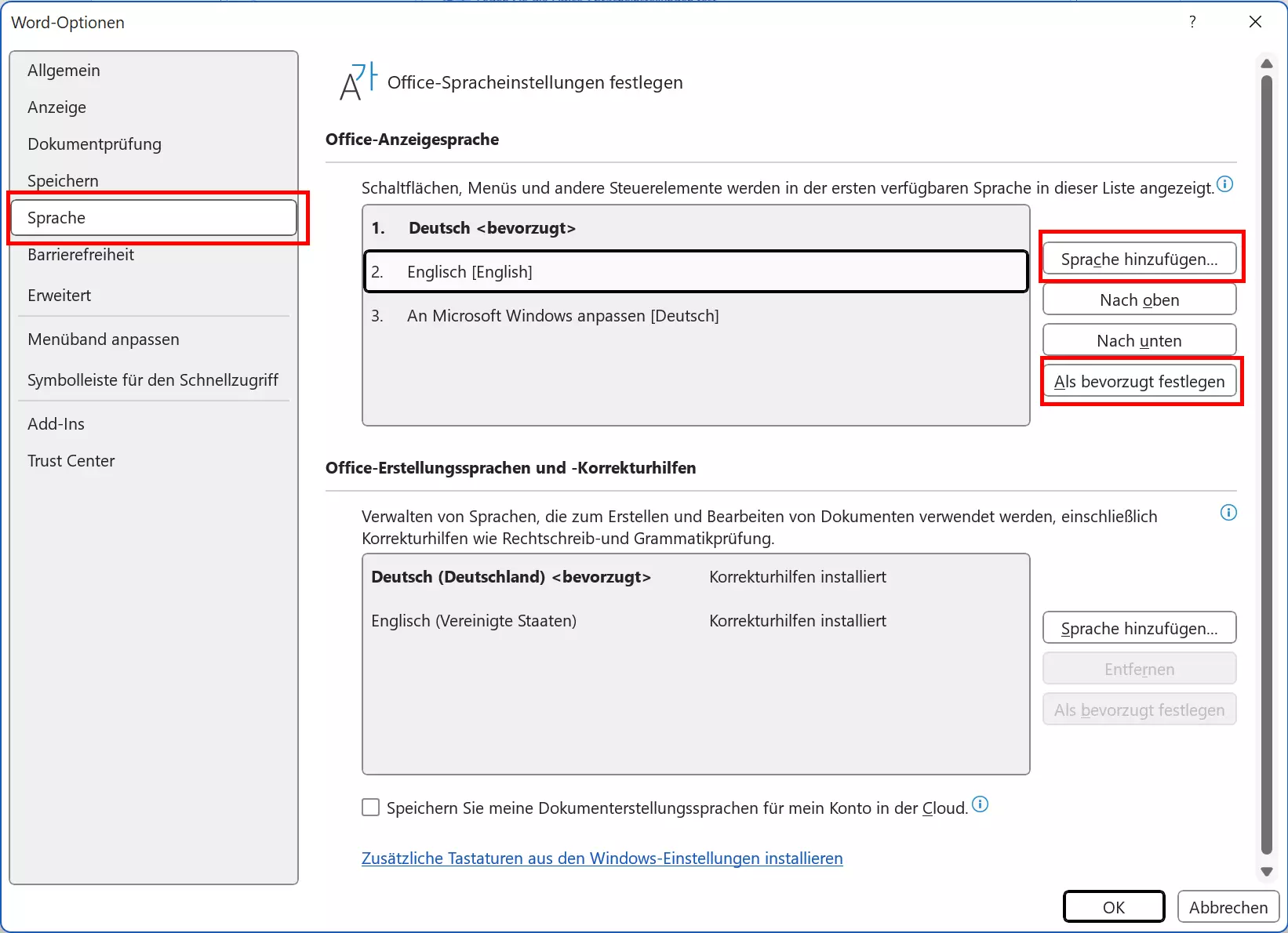 Spracheinstellungen in Word