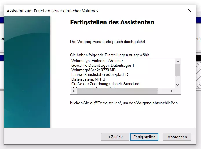 Volume-Assistent mit finaler Übersicht