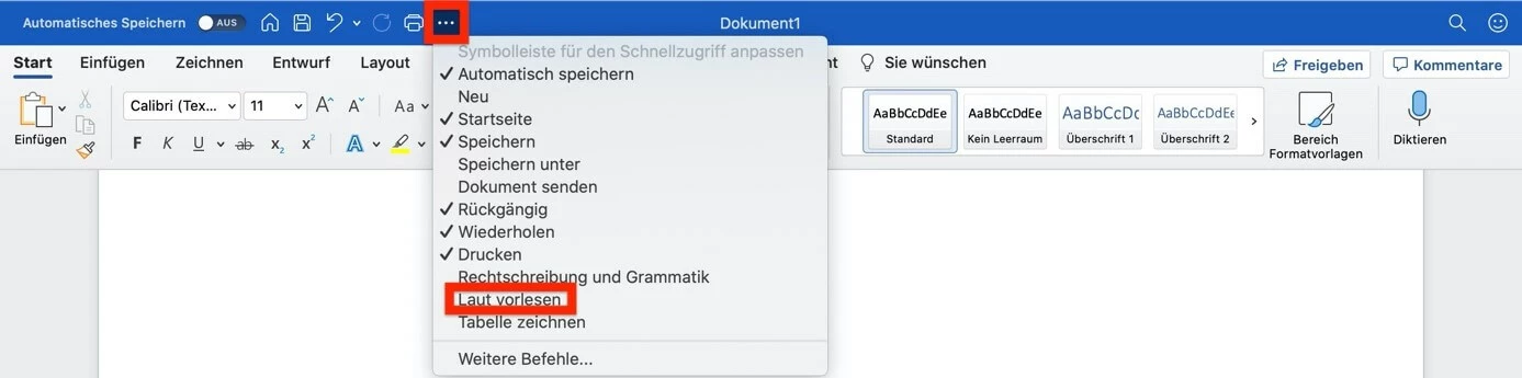 Word-Symbolleiste für den Schnellzugriff mit „Laut vorlesen“