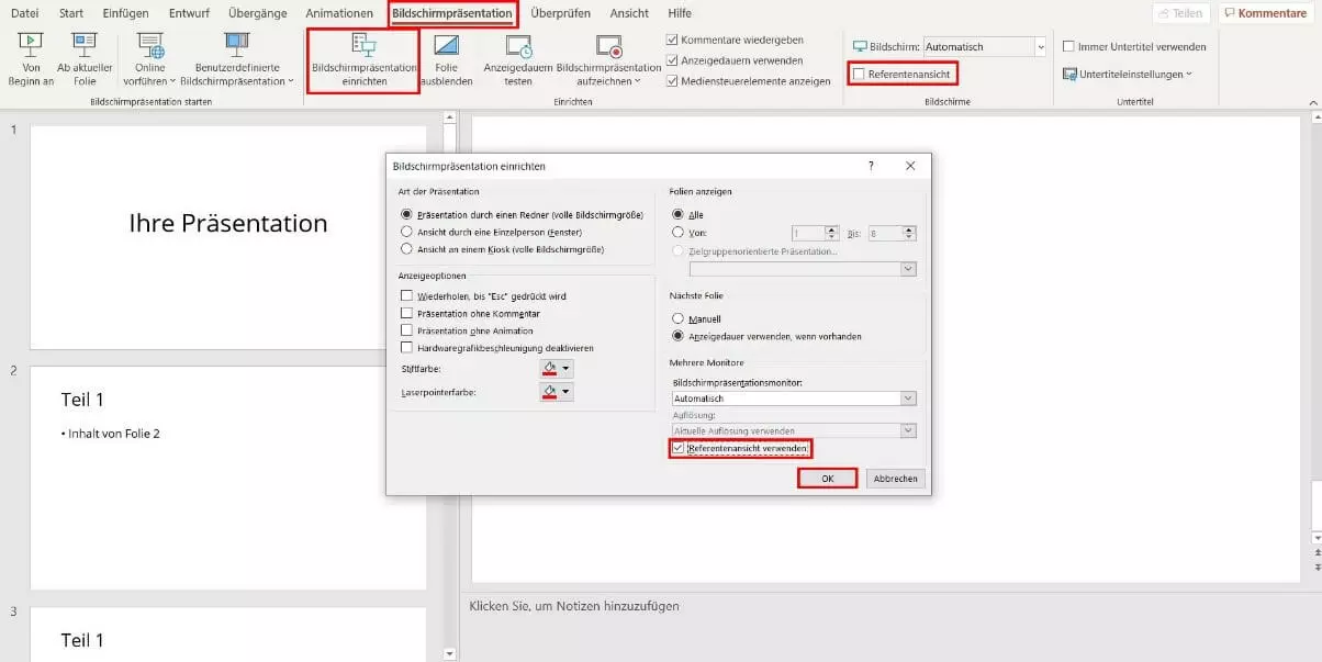 PowerPoint: Dialog „Bildschirmpräsentation einrichten“