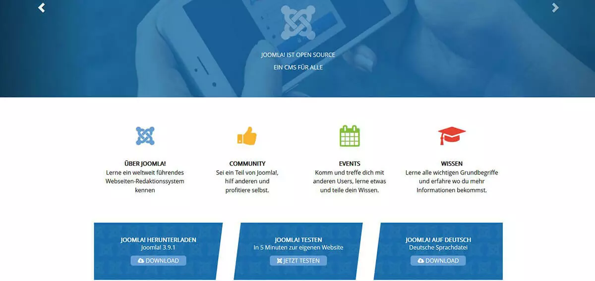 Joomla-Startseite mit Button zum Download der Installationsdateien