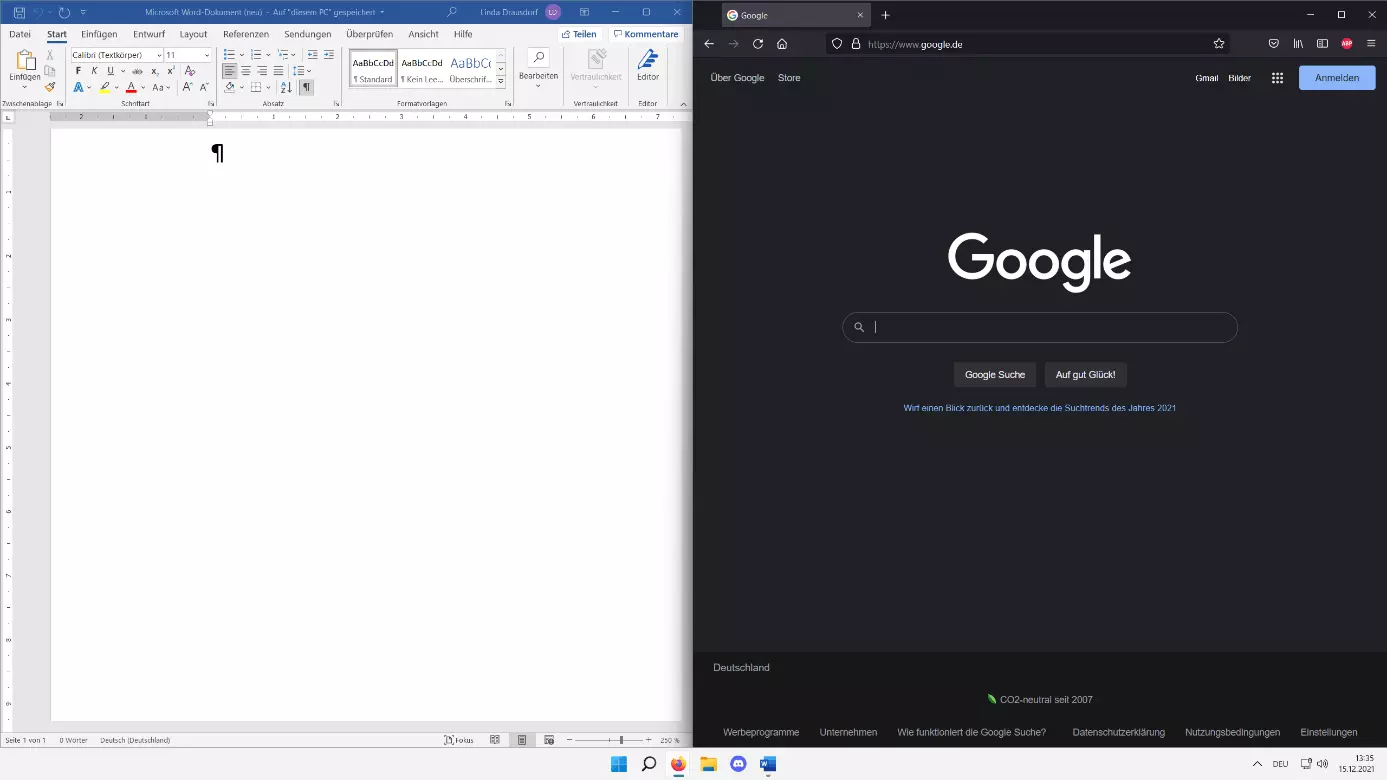 Windows 11: Word und Firefox im Split Screen