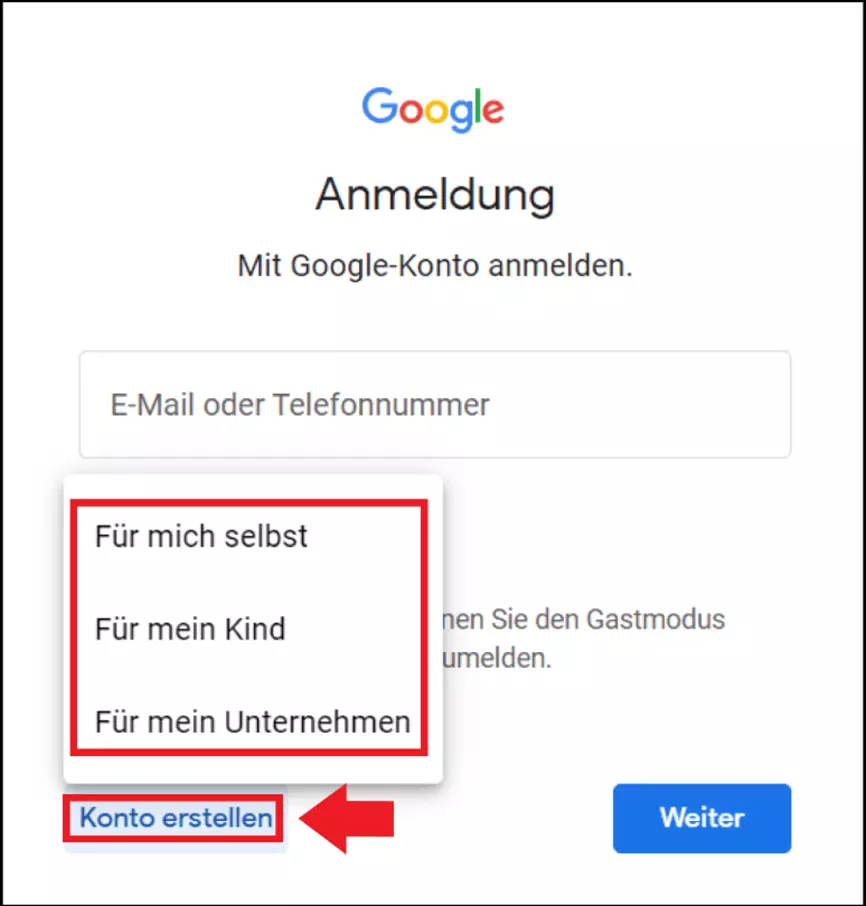 Optionen zur Konto-Registrierung auf der Google-Anmeldungsseite