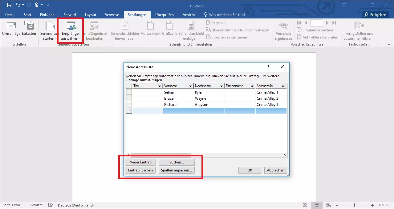 Eine neue Adressliste für einen Serienbrief in Word