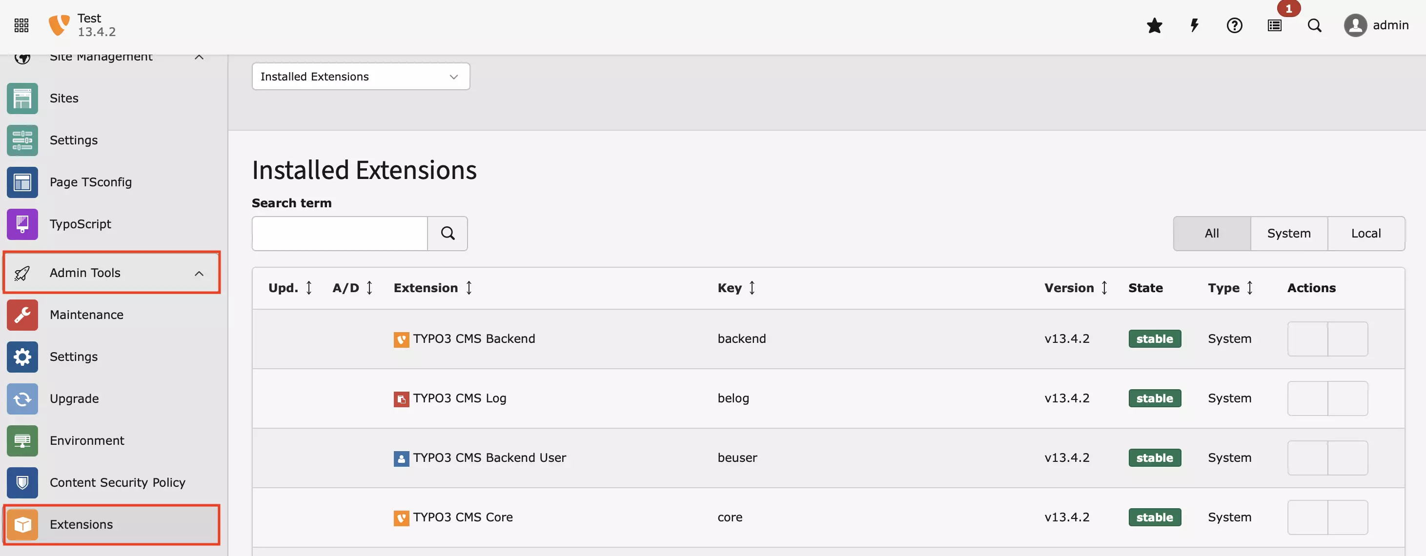 Screenshot des Extensionmanagers im Typo3-Backend