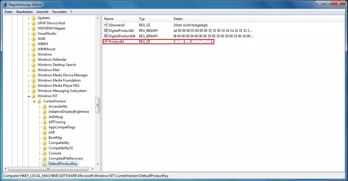 Windows Registry mit Windows 7 Product Key