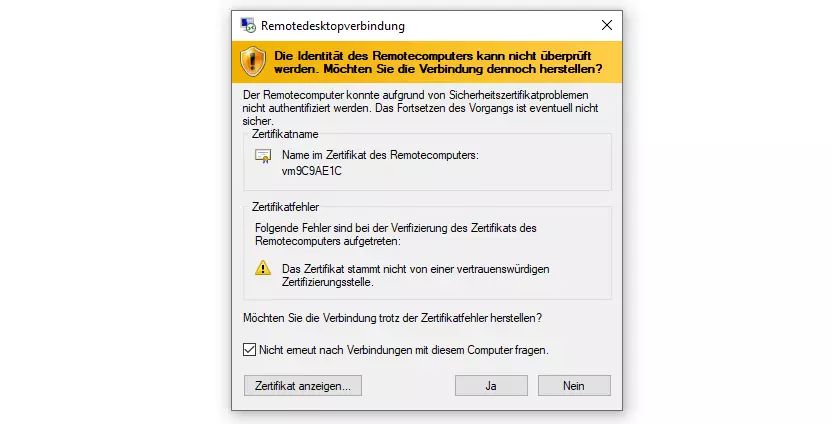 Zertifikatsbestätigung beim Remote-Verbindungsaufbau