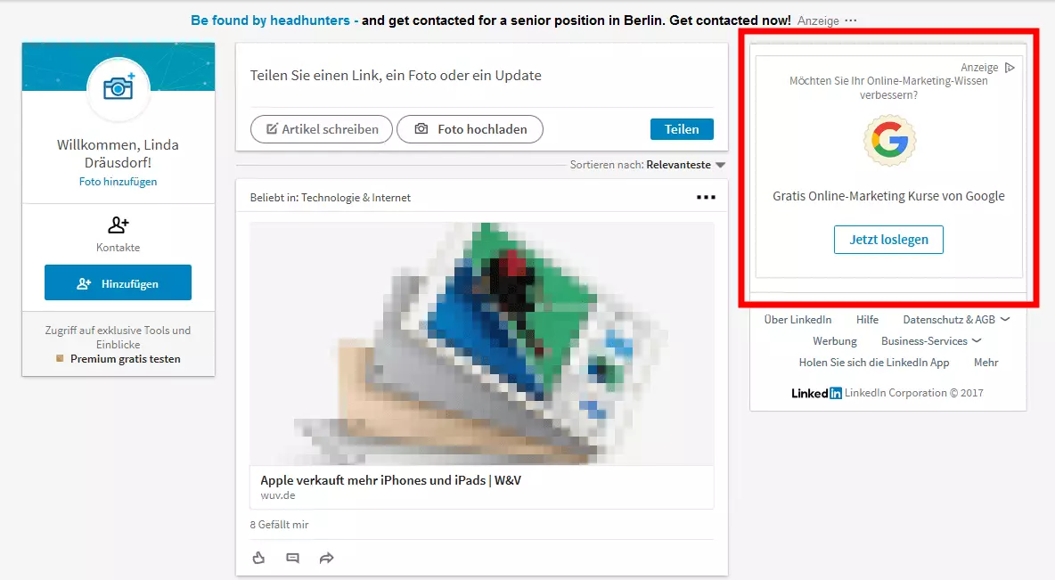 Startseite mit einer LinkedIn Display Ad im oberen rechten Bereich