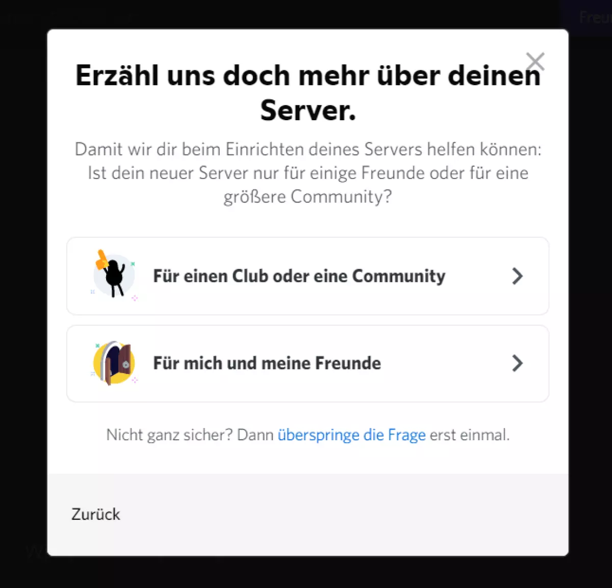 Legen Sie fest, für wen der Server genutzt wird oder überspringen Sie die Frage