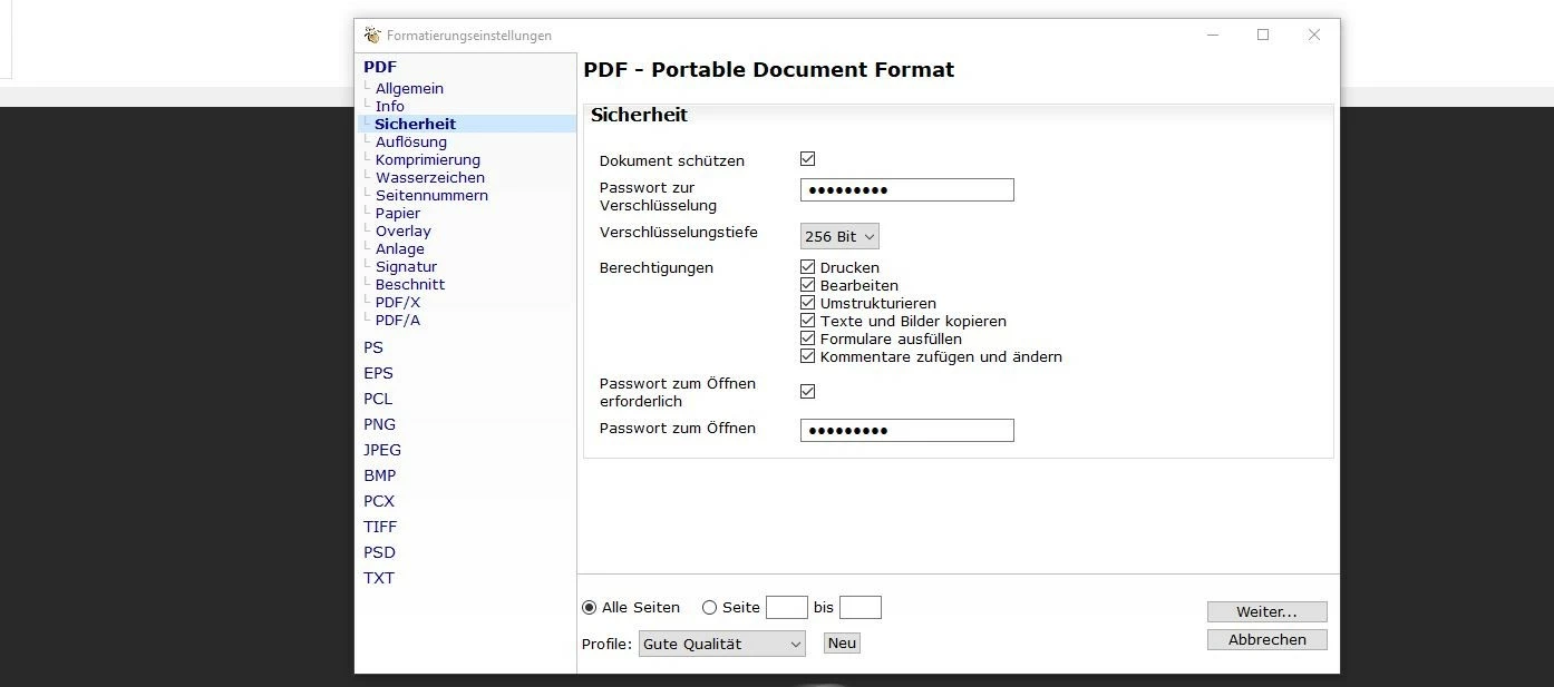 Sicherheitseinstellungen in PDF 24 Creator