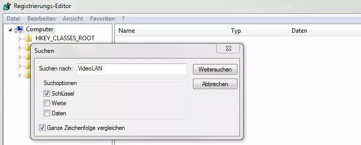 Regedit: Beispielsuche nach dem Begriff „VideoLAN“