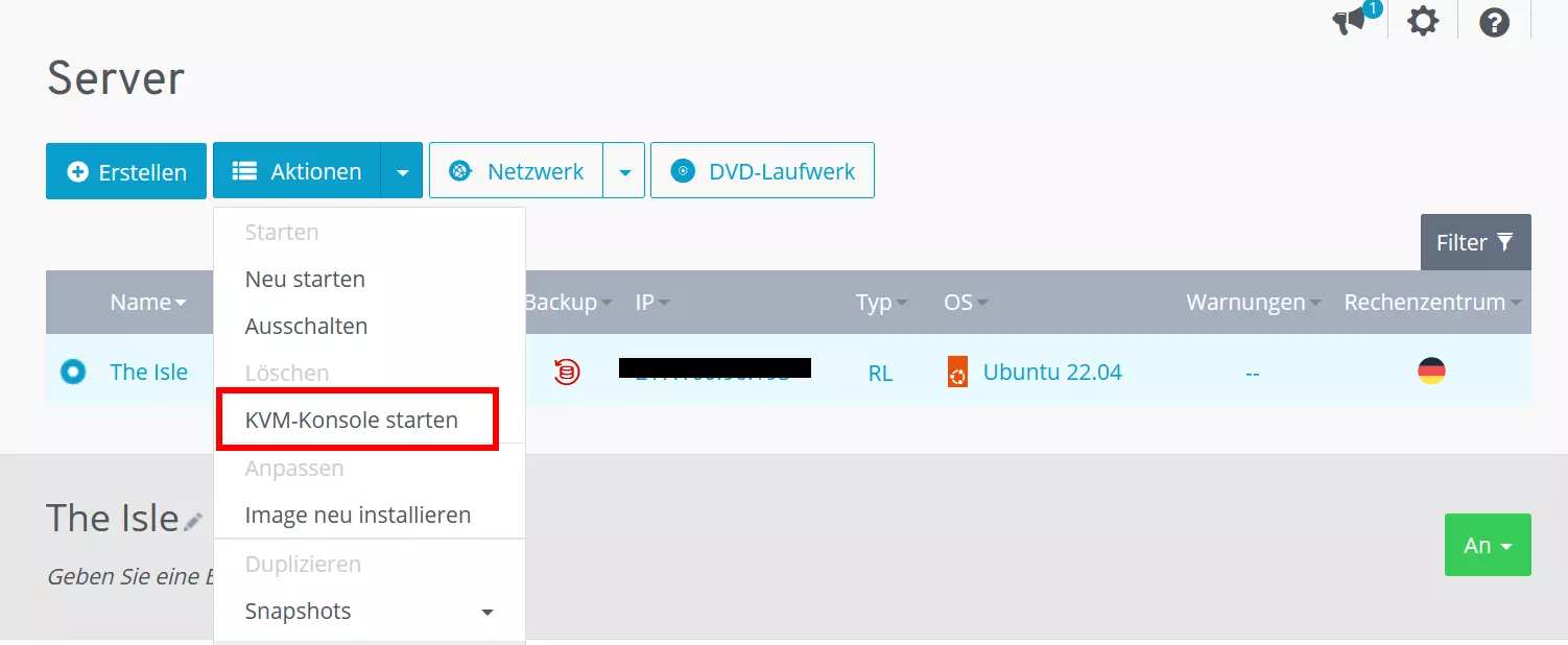 KVM-Konsole im IONOS Cloud Panel starten