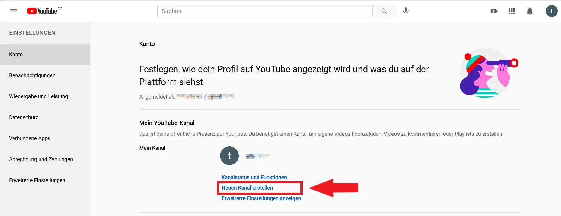 YouTube-Einstellungen: „Neuen Kanal erstellen“